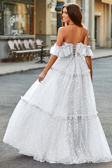 White Off the Shoulder Corset Polka Dots Long Ball Dress